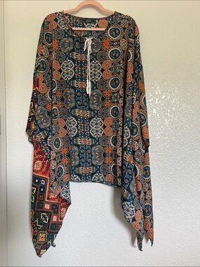 Boho Tile Print Swim Coverup in Teal & Rust - Lightweight Beach Kimono